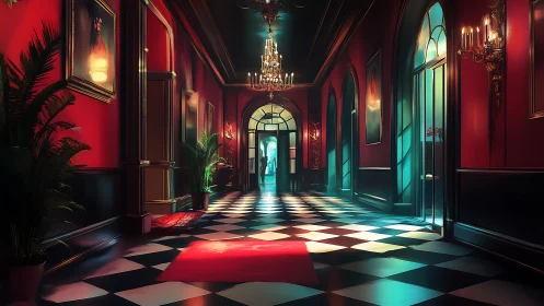 Velvet-walled grand corridor with glowing doorway perspective.