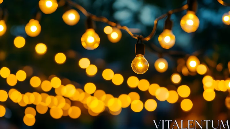 Golden string lights glow softly against a deep evening sky