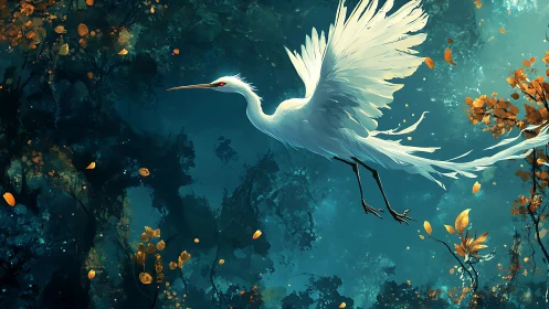 Graceful white heron drifting through a teal dream forest.