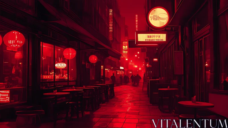 Monochromatic neon alleyway with red spectral restaurant glow.