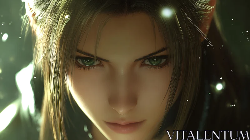 Fierce forest elf gazes ahead with quiet, luminous resolve