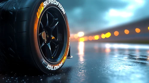 Racing slick tire on wet track with evening lights glow.