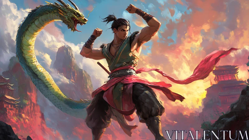 Dynamic warrior and dragon in cinematic digital painting composition.