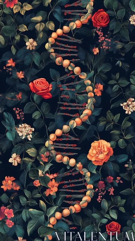 Blooming DNA strand winds gently through lush garden roses