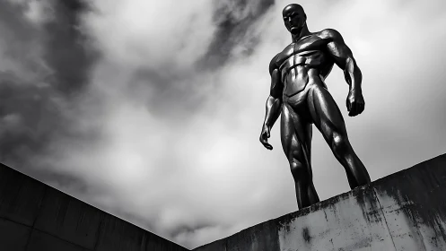 Powerful metal statue stands tall against stormy clouds