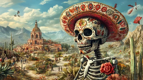 Calavera in embroidered sombrero before desert mission.