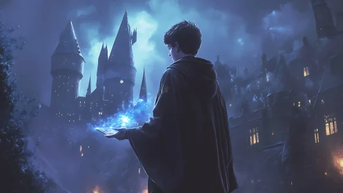 Moonlit young sorcerer lets a fortress bloom from spellbook