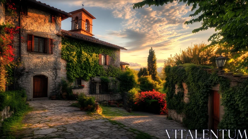 Golden-hour ivy glows over a quiet stone village lane