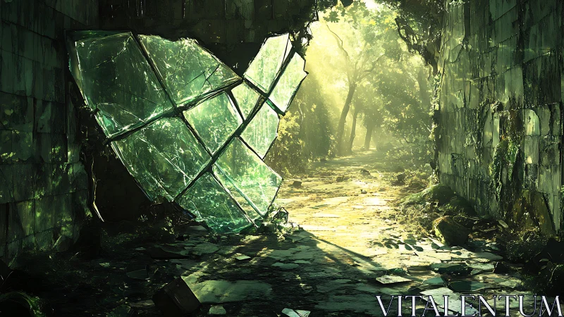 Sunlit forest path opens gently beyond shattered glass walls