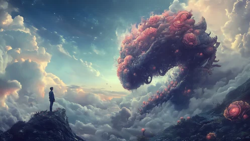 Boy meets colossal cloud-creature amid luminous dream skies.