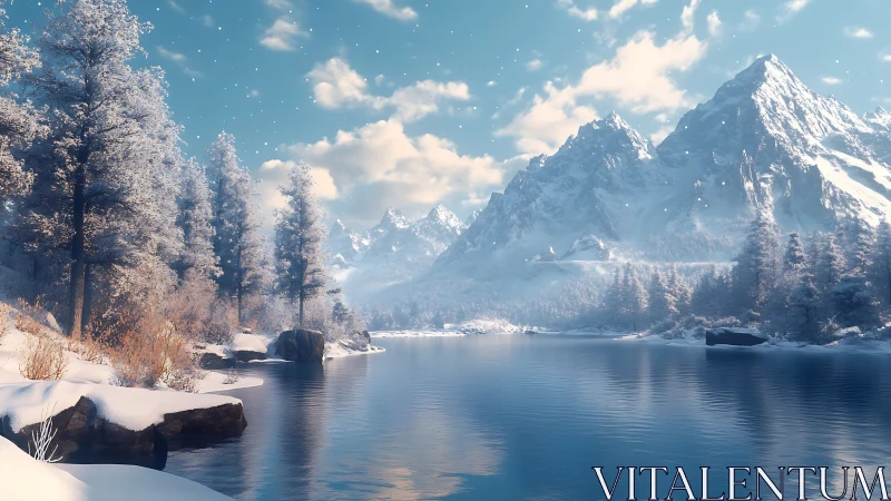 Snow-kissed mountain lake dreaming under pale winter sun.