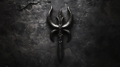 Dark trident emblem rests on rugged stone surface