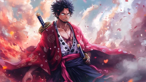 Storm-eyed ronin carves a path through burning painted skies