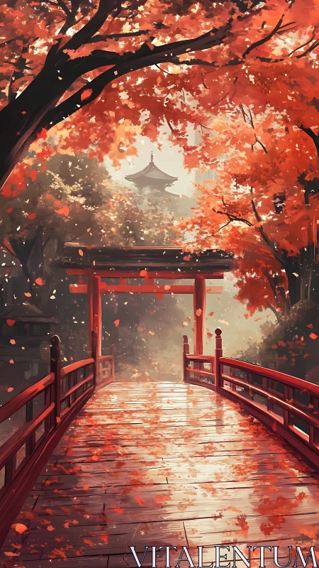 Red wooden bridge and torii under dense autumn foliage.