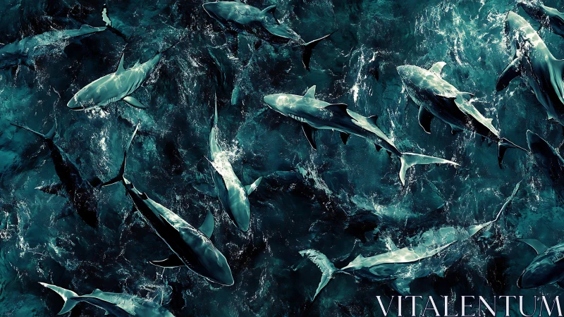 Stormlit shark ballet swirling through teal thunderwater.