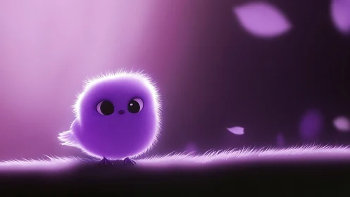 Tiny purple fluffbird in a dreamy lavender spotlight.