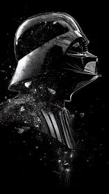 Monochrome armored helm dissolving into particulate void field.