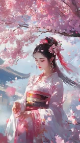 Spring-bloomed maiden drifting through a storm of sakura petals.