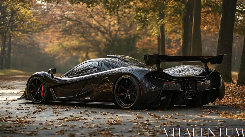 Black hypercar under autumn trees on leaf-strewn road.