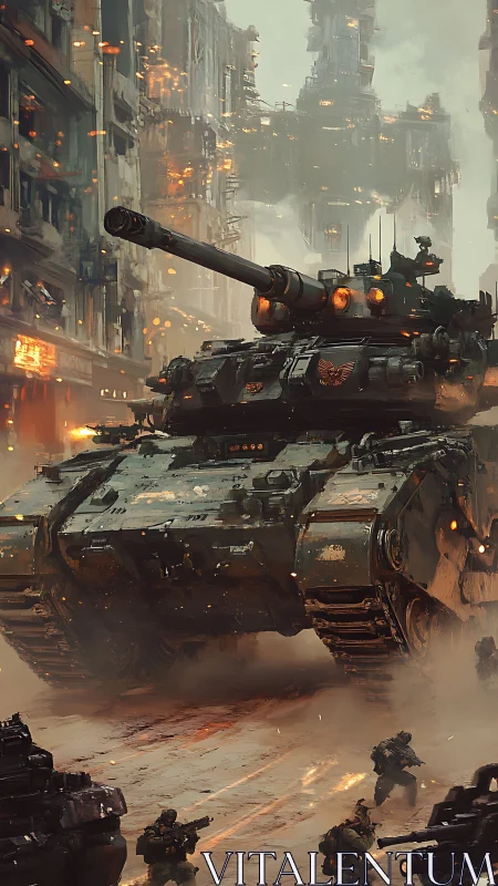 Heavy combat tank in dense urban warfare environment.
