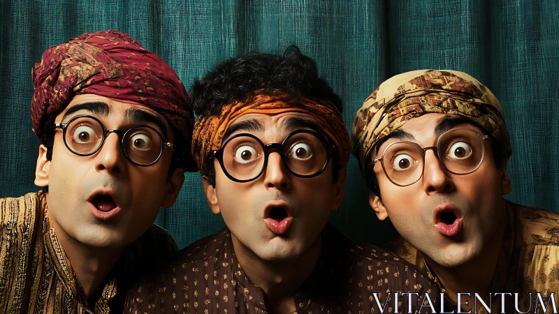 Surprised trio in patterned turbans with round glasses.