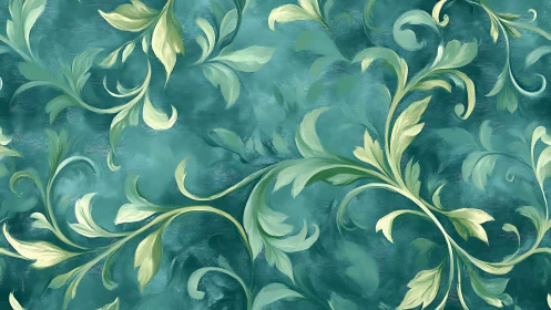 Elegant teal foliage swirls across a textured painterly background.