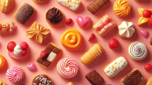Confectionery Arrangement on Pink. Pastel Palette.