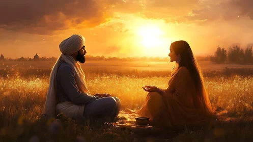 Sunset field dialogue with luminous backlit silhouettes.