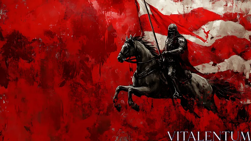 Armored cavalry silhouette against turbulent red fieldscape.