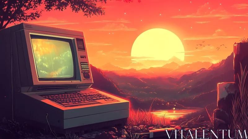 Retro computer glows quietly against a neon sunset vista