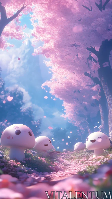 Cartoon mushrooms in pink blossom forest path scene.