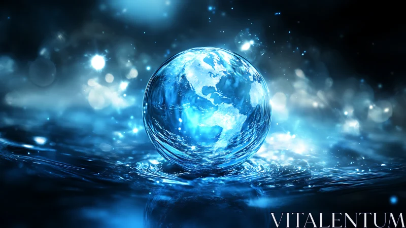 Glowing water sphere models Earth with detailed global map