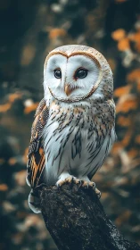 Barn owl in autumn bokeh with hyperreal feather detail.
