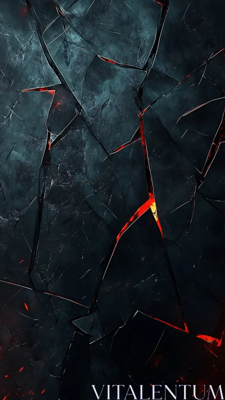 Fractured basalt plate with molten fissure accents vertical layout.