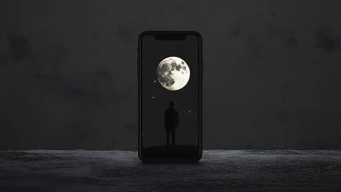 Moonlit doorway inside a phone on a quiet nightscape.