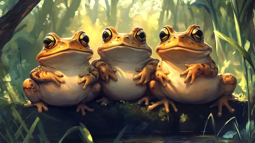 Digital painting of three frogs with luminous forest backlight.