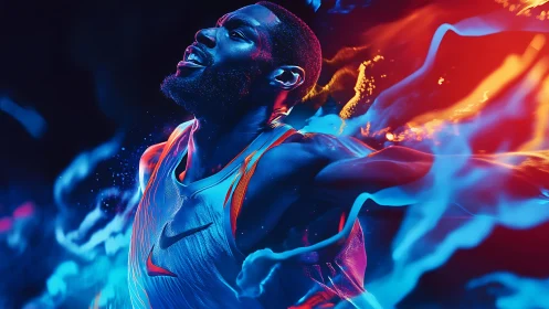 Digital athlete bursts through neon energy trails in motion.