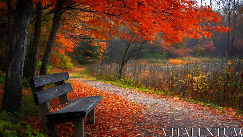 Warm wooden bench welcomes quiet rest under fiery autumn leaves