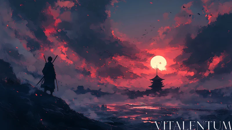 Samurai silhouette before crimson temple sunset vista.