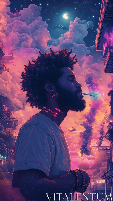 Neon-lit dreamer under cosmic sunset city clouds.