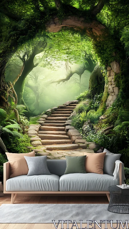 Sunlit forest stairway mural turns living room into retreat