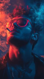 Neon lit smoker in cinematic red blue portrait lighting.