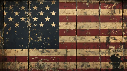 Weathered American flag painted over distressed metal panels