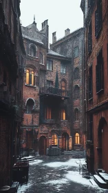 Winter courtyard glow in a quiet brickwork labyrinth.