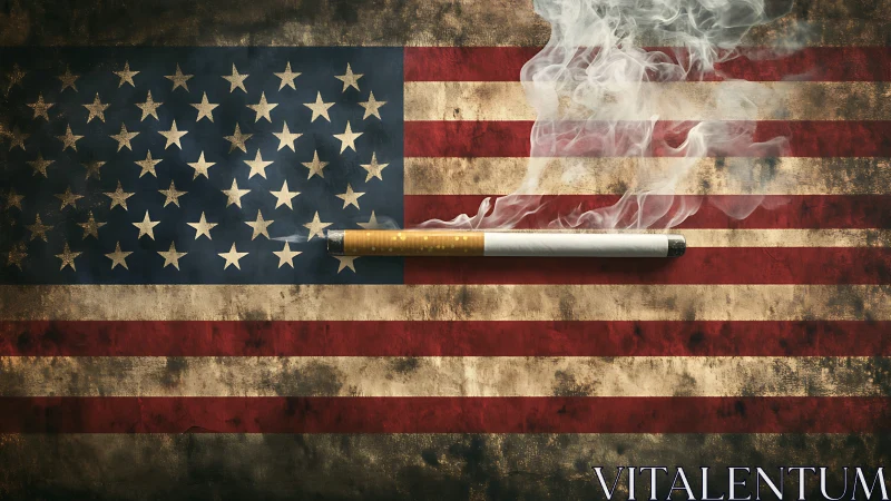 Smoking cigarette superimposed on distressed US flag backdrop.
