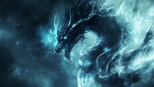Spectral ice dragon coils through storm of blue flame.