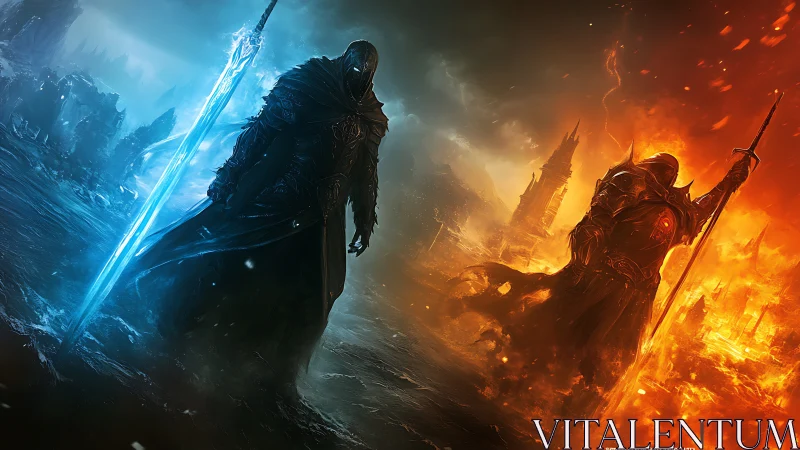 Elemental warrior duel framed by blue ice and burning fire.