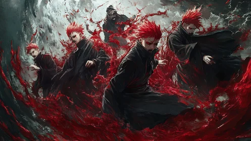 Red‑haired warriors command a raging crimson energy storm