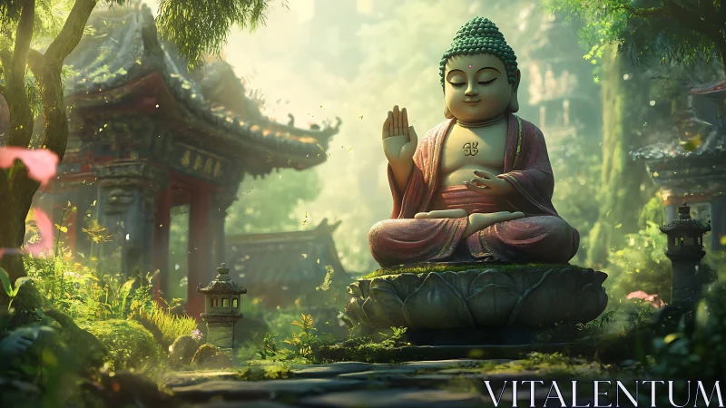 Luminous Buddha courtyard rendered in high-detail digital painting.