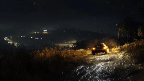Lone hillside car chasing lantern lights in the rainy dark.